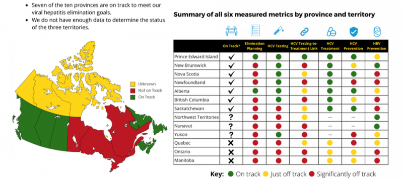 Current Status table. Seven out of the ten provinces are on track to meet Canada’s viral hepatitis elimination goals. We did not have enough data to determine the status of the three territories.